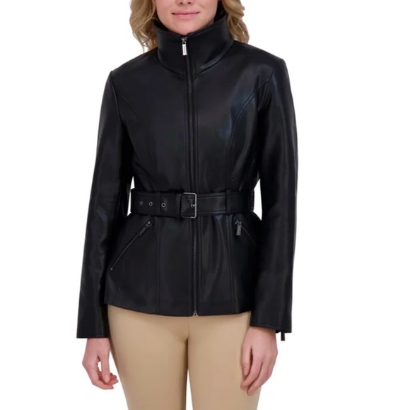 Kenneth Cole Women's Belted Faux Leather Jacket - Picture 3 of 14